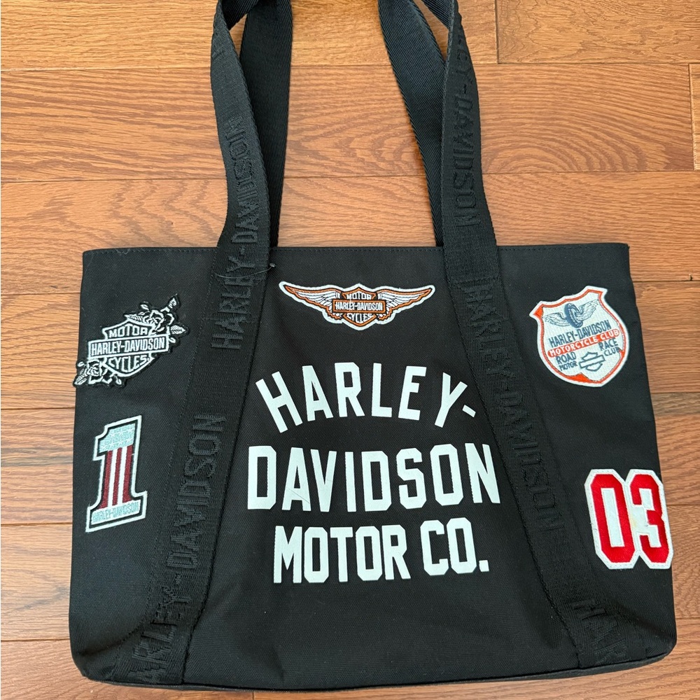 Harley-Davidson Black Canvas Tote with White Logo and Red Accents